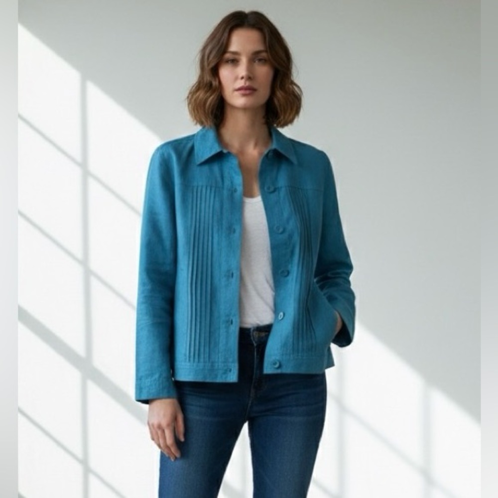 (r)elativity Teal Blue/Aquamarine Pintuck 100% Linen Cropped Jacket, Size Small